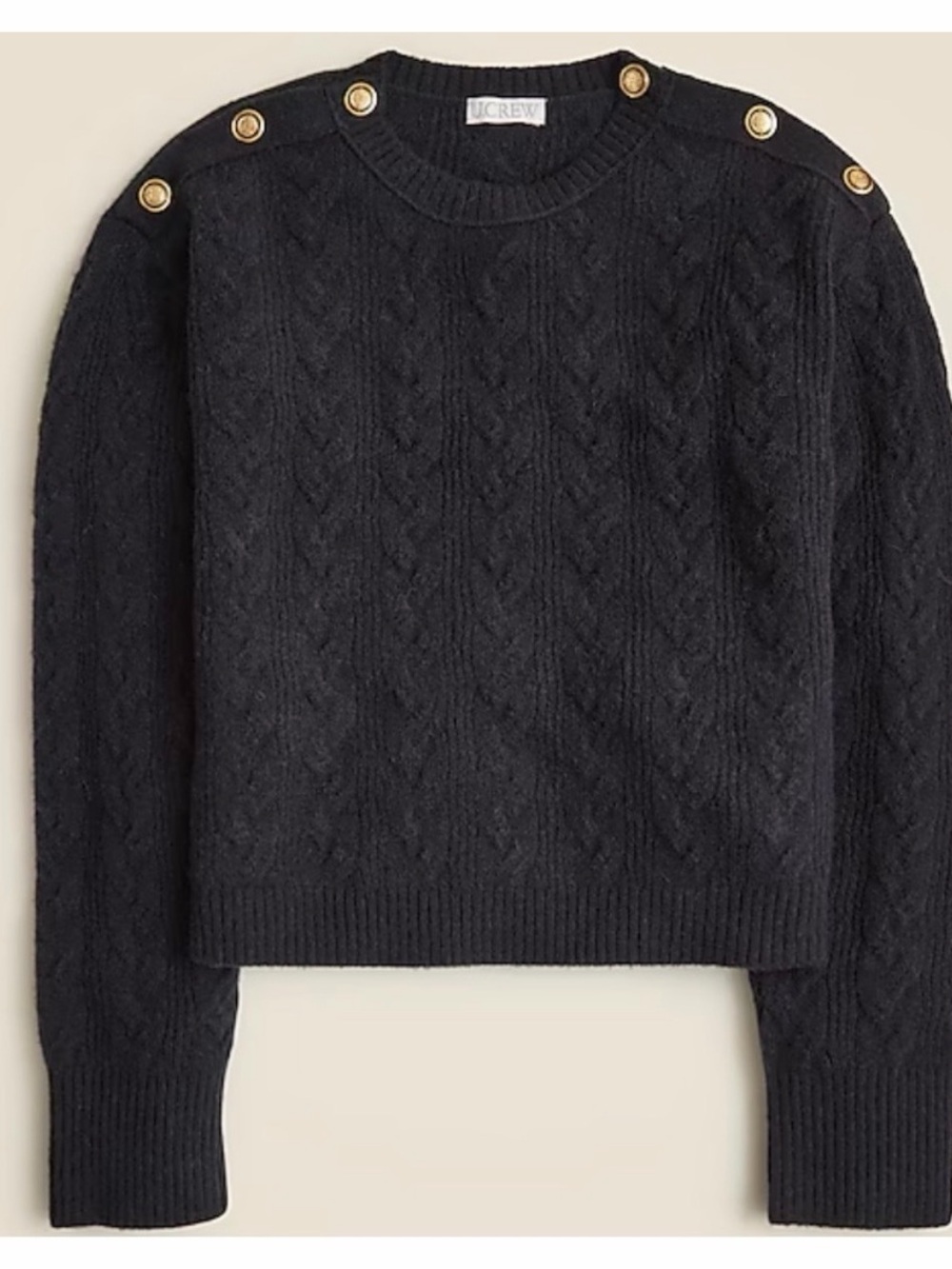 J. Crew Black Cable-Knit Crew Sweater with Gold Buttons